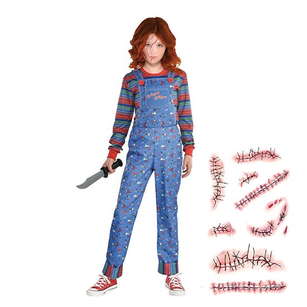 Cosplay Chucky Costumes Enfants Sacs À Dos Enfant Costume Envoyer Cicatrice Tatouage Autocollants Halloween Enfants Cadeau 230818