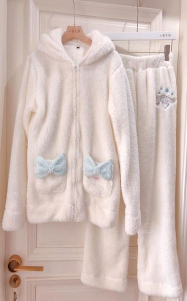 Cosplay Cinnamoroll sudadera pijama de dos piezas polar Coral grueso cálido invierno mujeres dibujos animados Kawaii sudaderas con capucha blancas conjunto de pantalones 2004053857