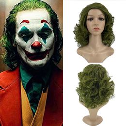 Cosplay payaso joker moteado verde longitud media pelo rizado cos peluca tocado de Halloween