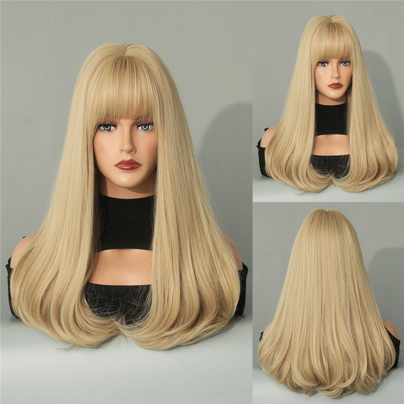 Cosplay färgglad peruk med lugg för kvinna syntetiskt medium lång naturlig våg peruk mode värmebeständig daglig hår