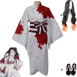 Cosplay Anime Demon Slayer Kimetsu Geen Yaiba Kamado Nezuko Kostuum Pruik Klompen Witte Bloedvlek Kimono Hallowen Uniform Pak