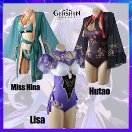 Cosplay Cosplay Genshin Impacto Disfraz Miss Hina Lisa Hutao Traje de baño Traje de baño Juego Anime Mujeres Sexy Bikini Bañarse Rolecos Vestido