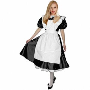 cosplay kostuum gloosy PVC leer Peter Pan kraag Franse meid Dr Lolita meid uniformen Midi Dr met ruches wit april W3Mj #