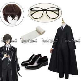 Cosplay Dazai Osamu perruque et Costume, ensemble complet, uniforme, Bungou chiens errants, manteau de Cosplay, chaussures en cuir sur mesure, accessoires de lunettes