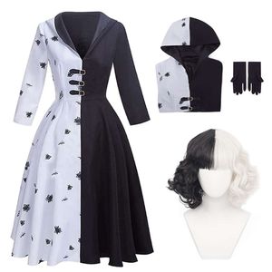 Costume De Cosplay De Vil pour femmes et enfants, Costumes Cruella, robe à capuche noire et blanche, gants gratuits, perruque, vêtements De fête d'halloween