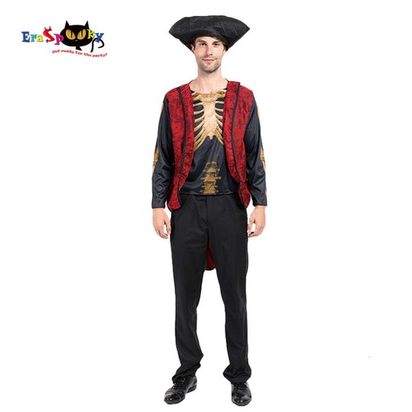 cosplay Eraspooky Esqueleto con estampado 3D Pirata para hombre Disfraz de fiesta de Halloween para adulto Calavera Jack Sparrow Sombrero Capa Shirtcosplay