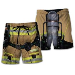 Cosplay de combate a incêndios verão masculino board shorts 3d impresso moda bombeiros meninos calças marrons plus size 5xl secagem rápida220f