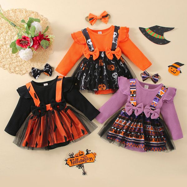 Cosplay focusnorm 2pcs bébé filles mignonnes Halloween Rober Robe Hairband 0 24m à manches longues Pumpkin Patchwork Bow en dentelle