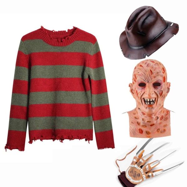Cosplay Freddy Cosplay adulte pull rouge rayé tricot couche de finition chapeau masque Freddie Krueger Halloween Costume Menucosplay