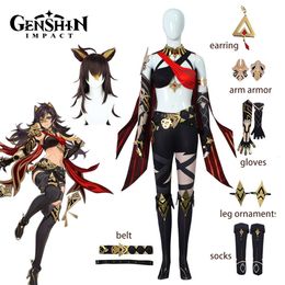Genshin-Disfraz de impacto Dehya para mujer, ropa de Cosplay, peluca con orejas, camisa Sexy, pantalones, calcetines, traje, trajes de fiesta de Carnaval y Halloween