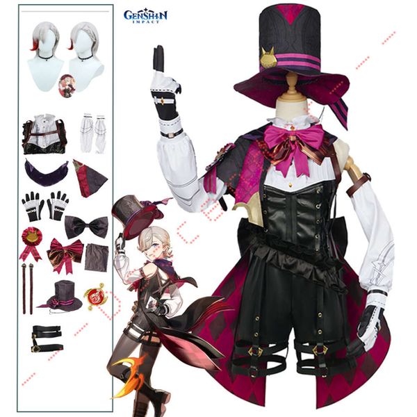 Cosplay Genshin Impact Costume perruque Fontaine Lyney uniforme en cuir chapeau robe cheveux courts jupe gant tenue queue magicien