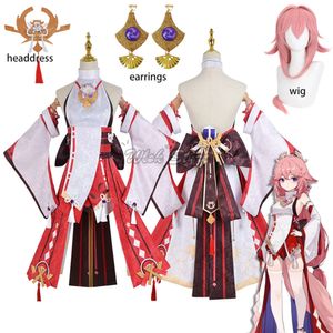 Cosplay Genshin Impact Yae Miko Cosplay Kostuum Volledige Set Hoofdtooi Oorbellen Halloween Carnaval Party Outfit Roze Pruik Op maat gemaakte schoenen