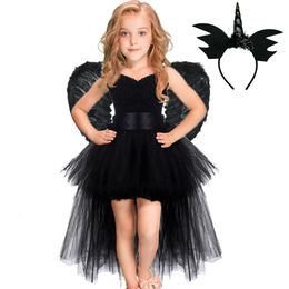 Cosplay Girls Black Devil Unicorn Tutu Dress V-Neck Train Fallen Dark Angel Fancy Party Dress Carnival Halloween Kostuum voor kinderen 1-14y 230403