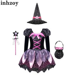 Cosplay Girls Halloween Witch Costume Play-playing Party Costume Long Sparkling Star Imprimé TUTU Robe avec baguette pointue Bag de bonbons Setl240502