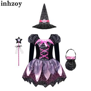Cosplay Girls Halloween Witch kostuum rollenspel feestkostuum lange mouwen met lange mouwen sprankelende ster gedrukte tutu-jurk met puntige hoed Wand Candy Bag setl240502