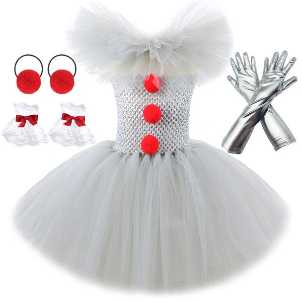 Cosplay vestido de tutú de payaso gris para niñas Carnaval Disfraz de Halloween para niños Chica Joker Cosplay Traje de tul Fiesta de niños Ropa de miedo 230403