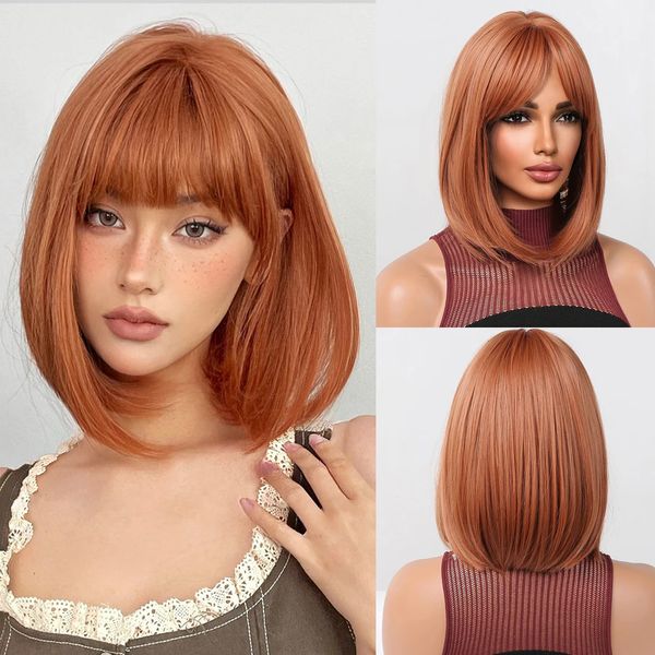 Cosplay cheveux orange courte droite Bob perruque synthétique avec frange adapté aux fêtes de femmes Halloween perruque naturelle fibre haute température 230125