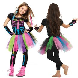 Cosplay Halloween kostuum regenboog skeletmeisje peuter funky punky bone jurk feest voor kinderen podiumprestaties Props 230818