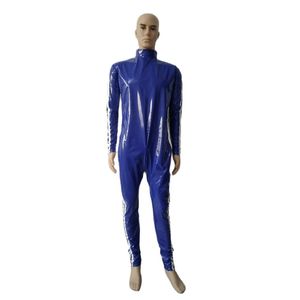 Cosplay Costumes d'Halloween Collants zentai en similicuir PVC bleu Combinaison de sport à bande blanche sur le côté sans gants ni pied