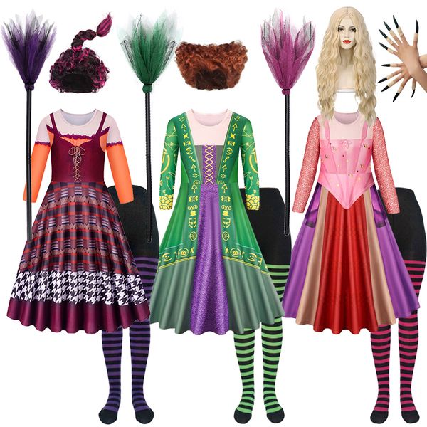 Cosplay Hocus Pocus Halloween Bruja Vestir Niños Winifred Sanderson Cosplay Disfraz Fancy Girls Manga larga Impreso Leche Seda Ropa 230908