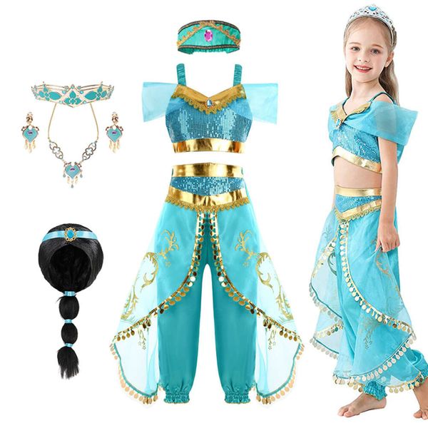 Disfraz de princesa Jasmine para niños y niñas, disfraces de Aladino, accesorios, peluca, ropa de fiesta de Halloween