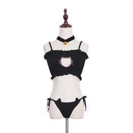 Cosplay Kawaii Lingerie Set Kat Borduren Bh Slip Bell Choker Kraag Vrouwen Ondergoed fz0574206n