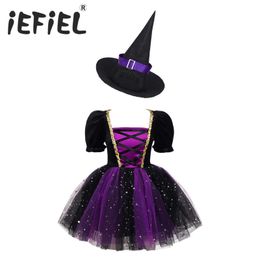 Cosplay Kids Girls Witch Costume Halloween Dress Glittery Mesh Tutu met puntige hoed voor Carnival Party Up kleding 230818