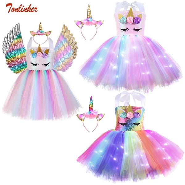 Cosplay Enfants Licorne Costume Filles Fête D'anniversaire LED Lumières Sequin Arc-En-Tutu Robe Journée Mondiale Du Livre Brillant Princesse Cosplay Costume 230331