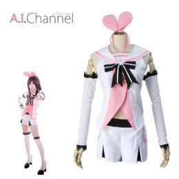 cosplay Kizuna AI Cosplay Virtueel Youtuber-meisjeskostuum Matrozenpakken Hoofddeksel Broeken Handschoenen Sokken Outfits Roze en Wit Fullsetcosplay