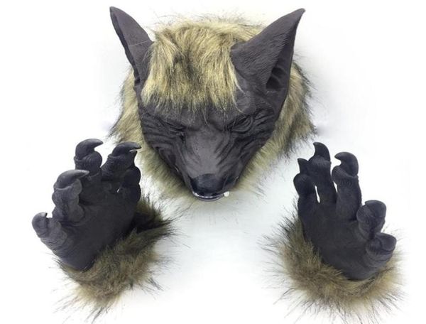 Cosplay Látex Caucho Cara completa Máscara de hombre lobo Guantes Conjunto Cabeza de animal Miedo Halloween Horror Diablo Máscara Festival Decoración de fiesta Y27005079