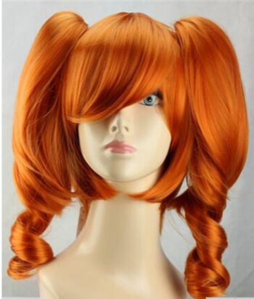 Envío gratis ++++ Cosplay Lolita naranja Peluca de pelo largo y rizado para mujeres y niñas + dos colas de caballo