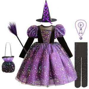 Cosplay luxe hiver Halloween filles violet sorcière Costume enfants brillant étoile Tulle princesse mascarade robes de fête d'anniversaire avec accessoires 230825