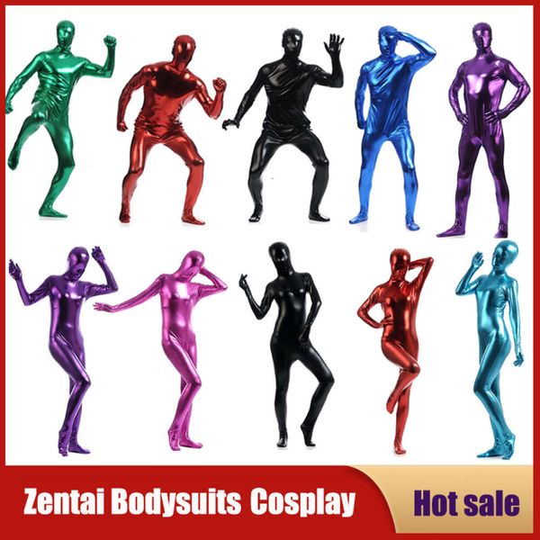 Cosplay para hombre, mono completo Zentai metálico brillante, traje de gato unisex sexy, mono ajustado para la piel, ropa de baile para fiesta de Halloween para mujer