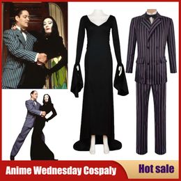 Cosplay film mercredi Addams Cospaly Morticia Costume noir Punk robe gothique Gomez uniforme Halloween fête carnaval perruque tenue adulte