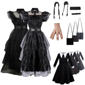 Cosplay Film Mercredi Addams Cosplay Filles Robe Zombie Prom Party Dark Lolita Princesse Robes pour Enfants Femme Carnaval Costume Perruque 230606