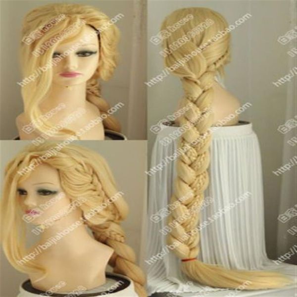 Fiesta de cosplay Enredado Rapunzel Rubio Trenzas 150 CM Largo COS Peluca Cabello 278G