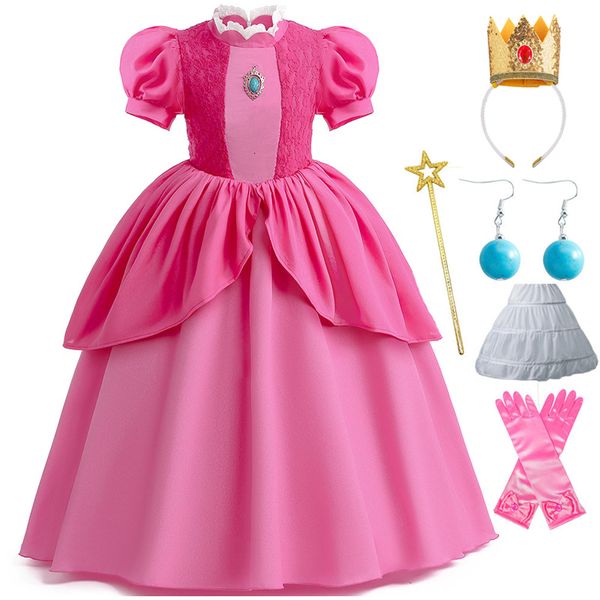 Cosplay Peach Chiffon Lace Girls Cosplay Dress Baby Kids Super Brothers Vestidos Vestidos de fiesta Carnaval Disfraz de Halloween 230825