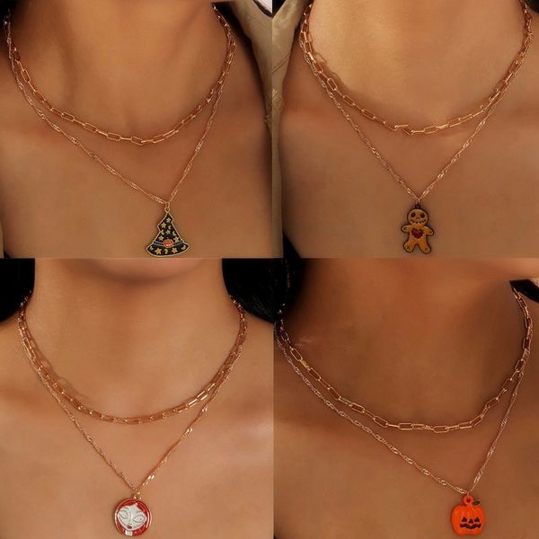 Cosplay Collares pendientes Esmalte Murciélago Calabaza Fantasma Sombrero Aleación Gargantillas Dobles Cadenas Europa Collar de oro Joyas para mujeres Fiesta de Halloween Regalo