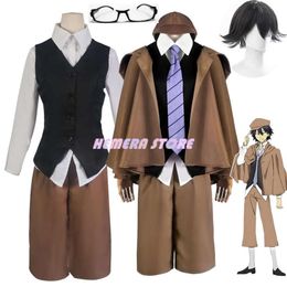 Cosplay Ranpo Edogawa Cosplay Kostuum Pruik Anime Bungo Zwerfhonden Seizoen Jachthond Mantel Hoed Handschoen Jas Broek Stropdas Zwart Kort haar