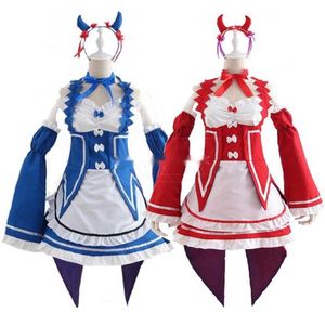 Cosplay Re: Zero Kara Hajimeru Ram/Rem Isekai Seikatsu Noir Bleu Rouge Costume Robe de servante Y0913