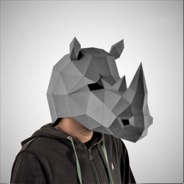 Masque de rhinocéros Cosplay 3D en papier Papercraft pour adultes, Masque d'horreur portable pour Halloween, Costume de visage pour hommes, jouets de fête DIY