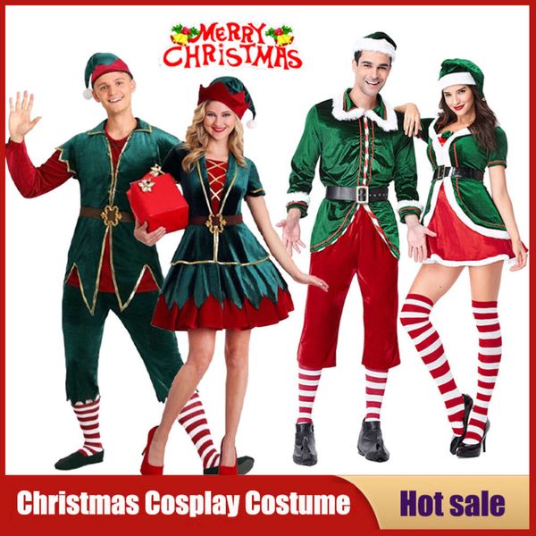 Cosplay Papá Noel Disfraz de Cosplay Fiesta de Carnaval de Navidad Mujer Verde Hombre Pareja Actuación en el escenario Accesorios fotográficos Ropa Vestido de Navidad