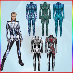Cosplay – combinaisons Sexy pour femmes, Costume effrayant squelette, imprimé en 3D, motif Rose de pois, robe de carnaval de fête