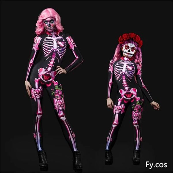 Cosplay Sexy Skeleton Devil Onesie Medias de Halloween Mujer adulta Disfraz de fantasma aterrador Rosa Bebé Niños Niña Fiesta rave Día de la muerte Mono 231115