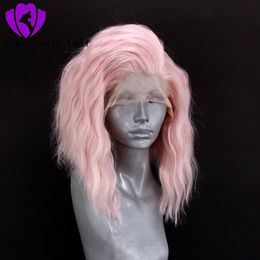 Style cosplay couleur rose pleine perruques avant de lacet perruque brésilienne vague lâche pré-plumée perruques de cheveux synthétiques sans colle pour les femmes noires / blanches