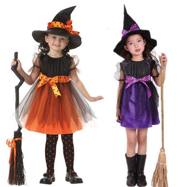 Cosplay enfant en bas âge fille sorcière Costume enfants robe à manches courtes avec ruban à pois chapeau pointu pour Halloween conte de fées accessoires de fête 230818