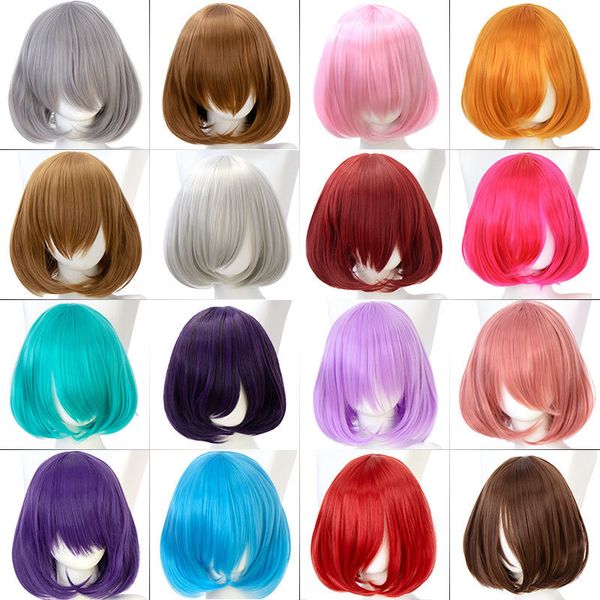 Pelucas de cosplay 35 cm Pelo corto y recto con flequillo Sintético Rosa Rojo Azul Púrpura Lolita Cosplay Peluca para mujer Pelo Bob corte MUMUPI 230602