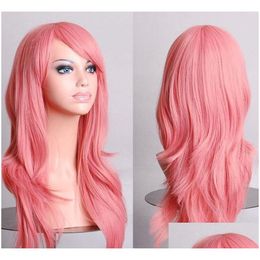 Cosplaypruiken 70Cm Los golvend Synthetisch Voor Dames Pruik Blond Blauw Rood Roze Grijs Paars Haar Menselijk Feest Halloween Kerstcadeau Drop D Dhtwy