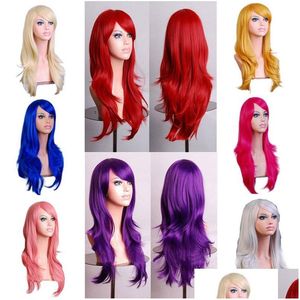 Cosplay Perruques 70cm Loose Wave Synthétique Pour Femmes Perruque Blonde Bleu Rouge Rose Gris Violet Cheveux Humains Fête Halloween Cadeau De Noël Drop Dhygc