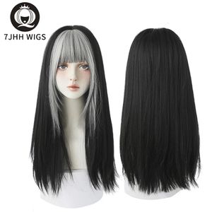 Perucas Cosplay 7JHH PERUCAS Destacadas Cinza Preto Kinky Straight Perucas Sintéticas Com Franja Fofa Para Mulheres Desgaste Diário Peruca Cabelo Resistente Ao Calor 231215